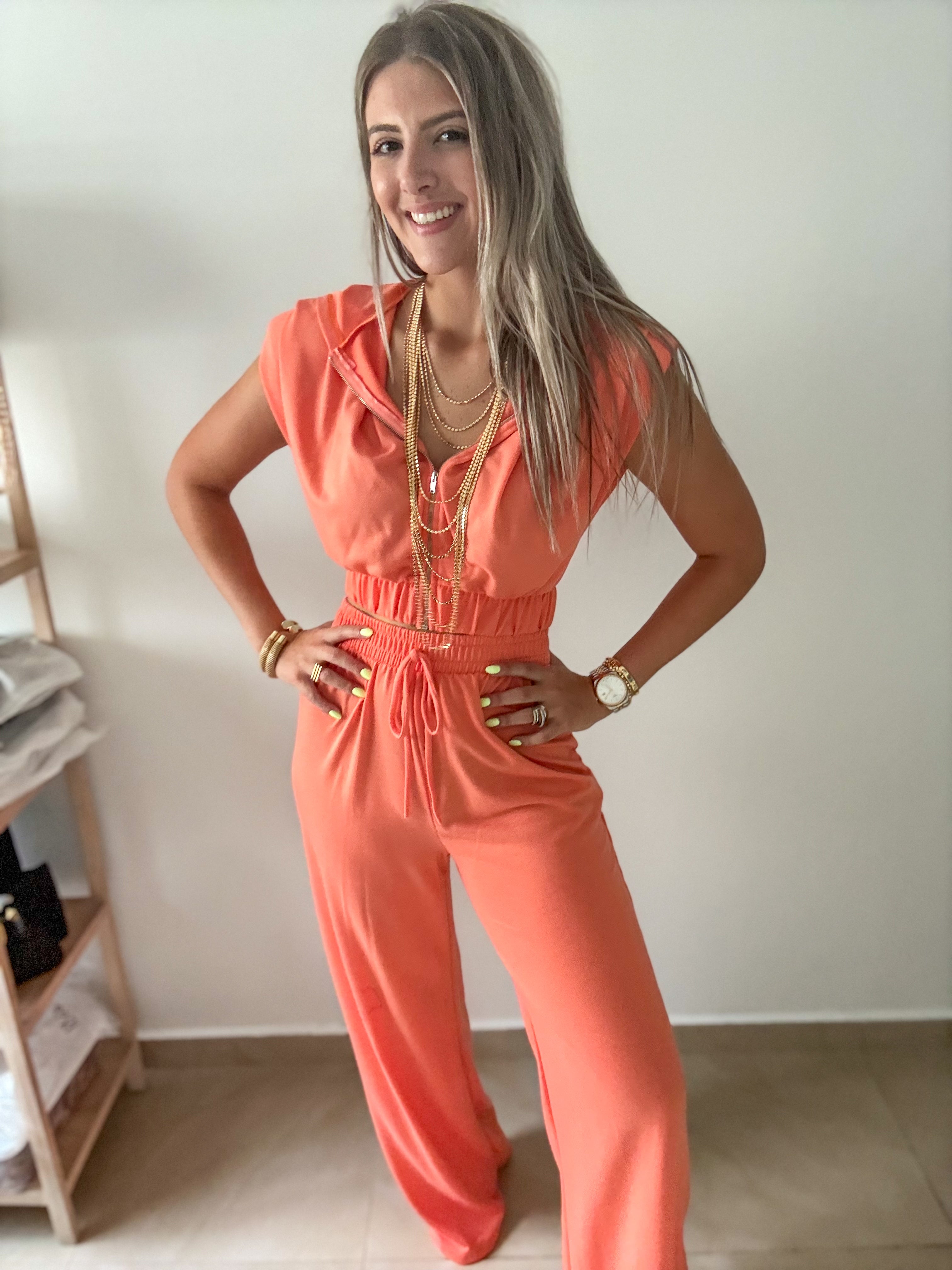 CORAL TRAVEL HOODIE CROP TOP & HIGH WAIST PANT SET
