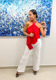 RED SATIN HALTER BLOUSE