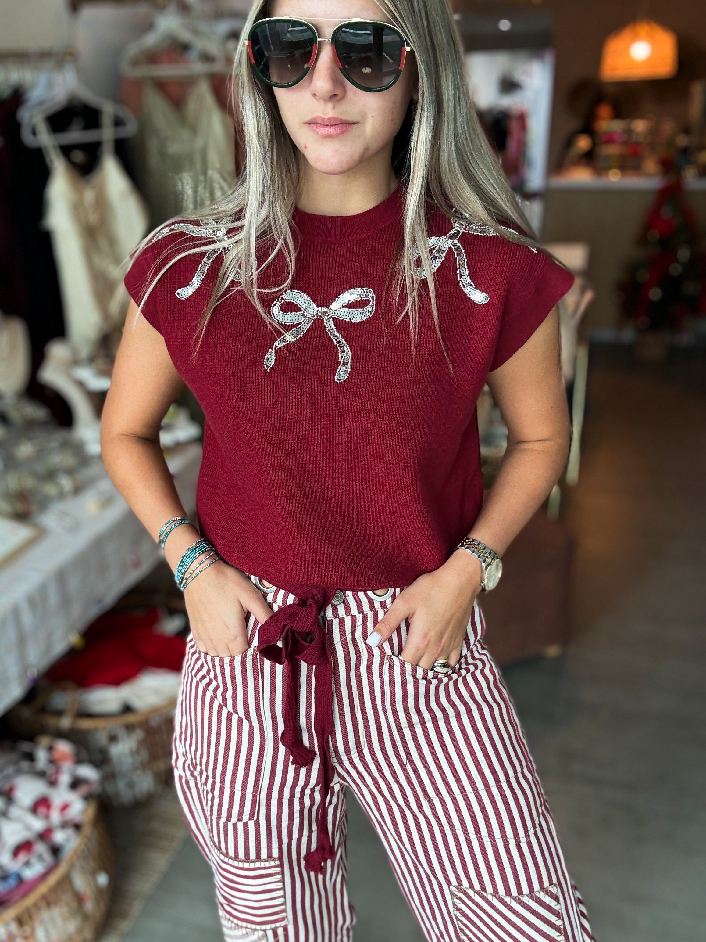 WINE RIBBON SEQUIN SHORT SLEEVES SWEATER TOP