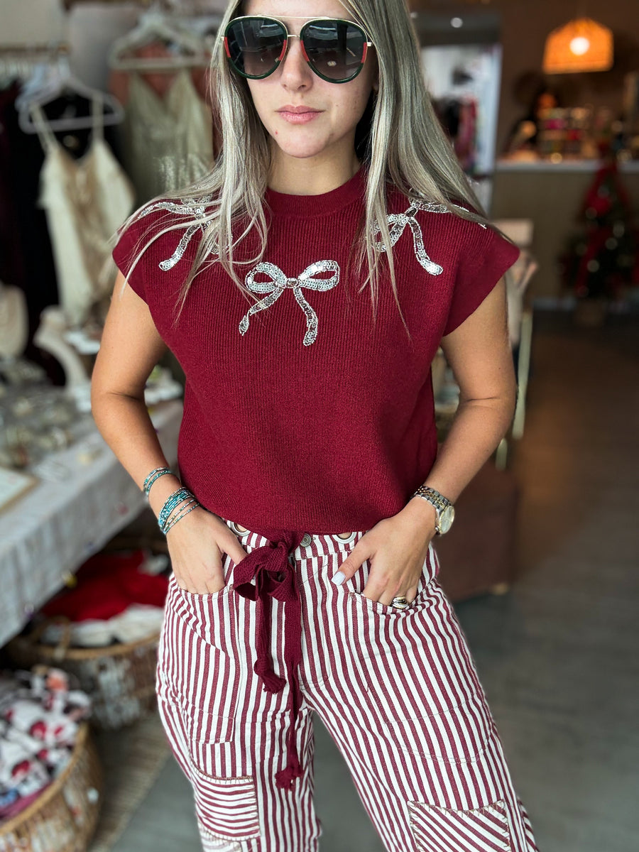 WINE RIBBON SEQUIN SHORT SLEEVES SWEATER TOP
