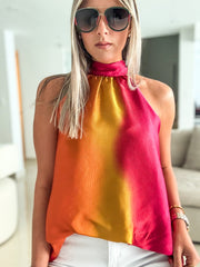OMBRE SATIN HALTER HIGH LOW BLOUSE
