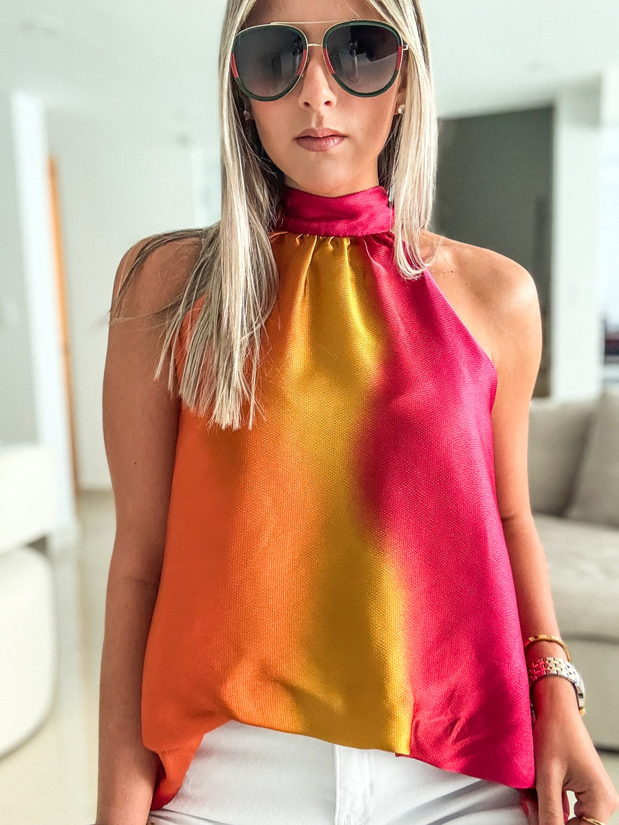 OMBRE SATIN HALTER HIGH LOW BLOUSE