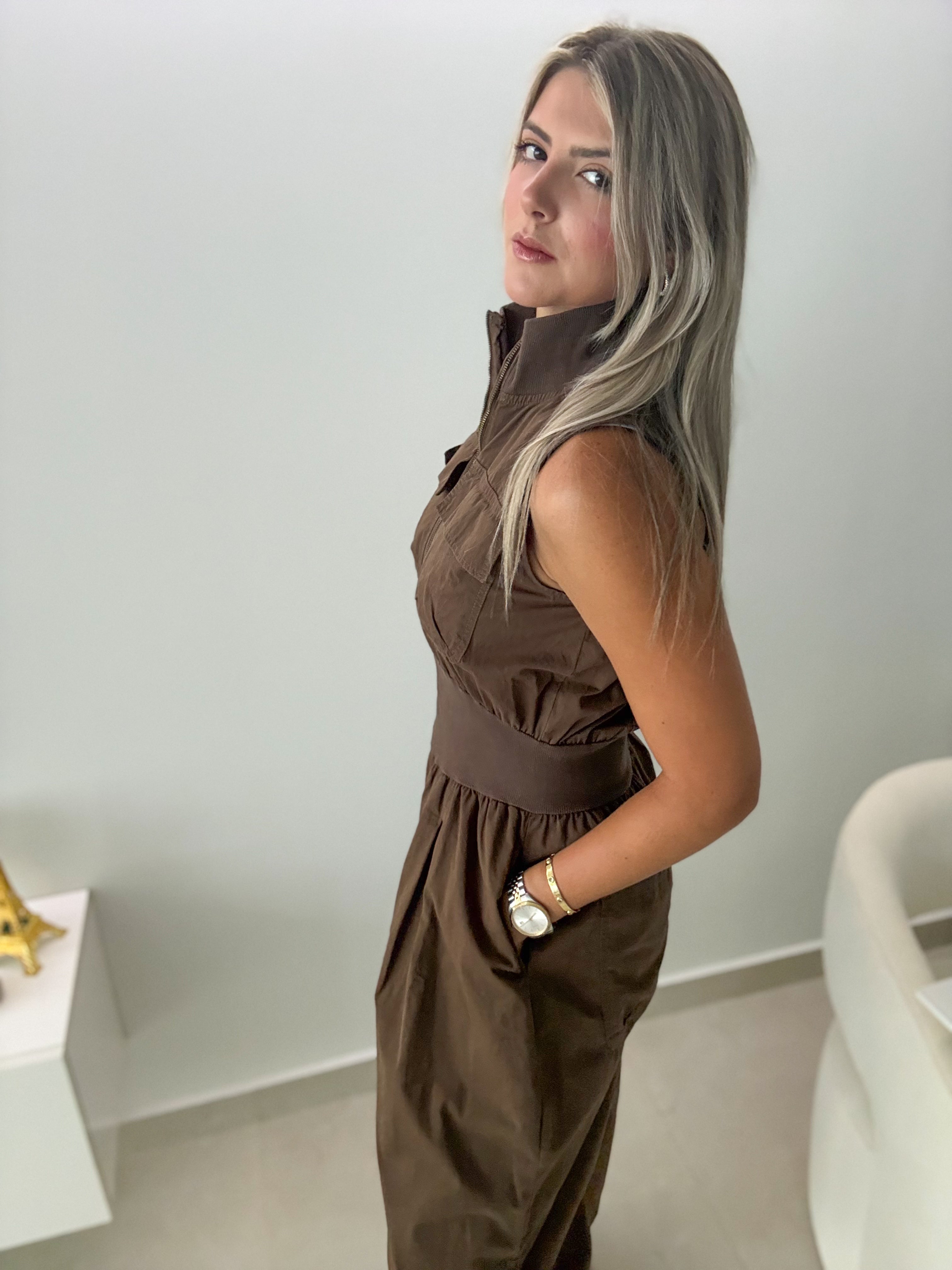 BROWN ZIPPER FRONT BARREL JUMPSUIT