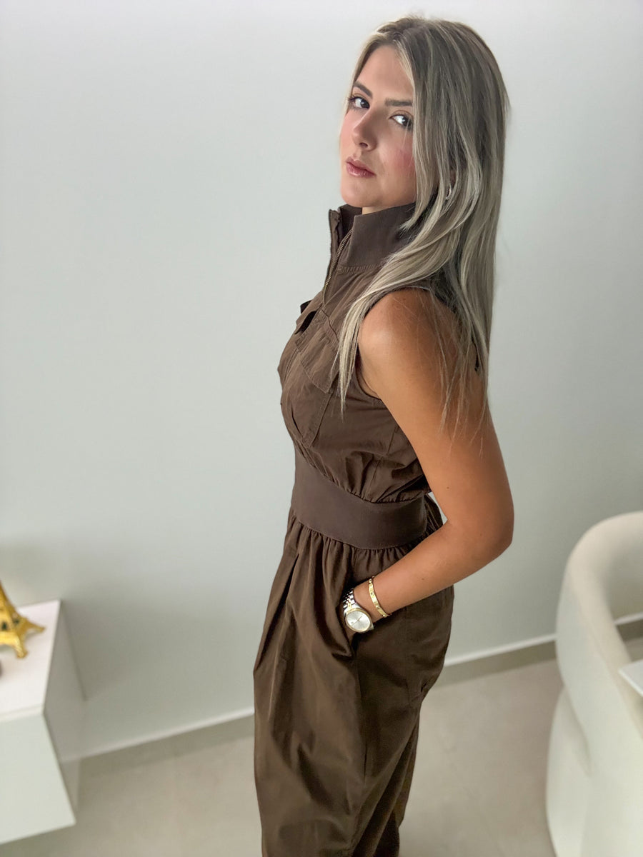 BROWN ZIPPER FRONT BARREL JUMPSUIT