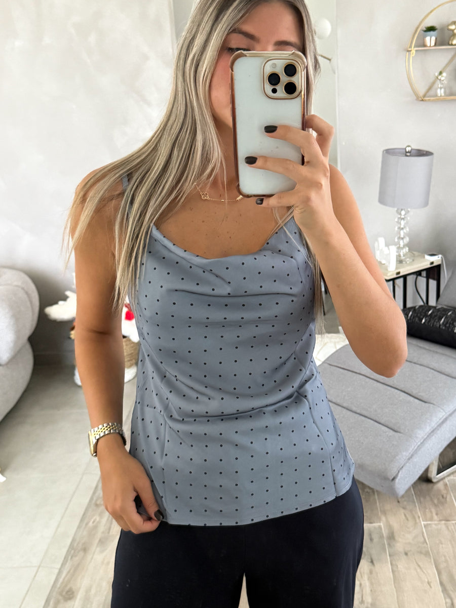 GRAY/NAVY POLKA DOT COWL NECK TOP