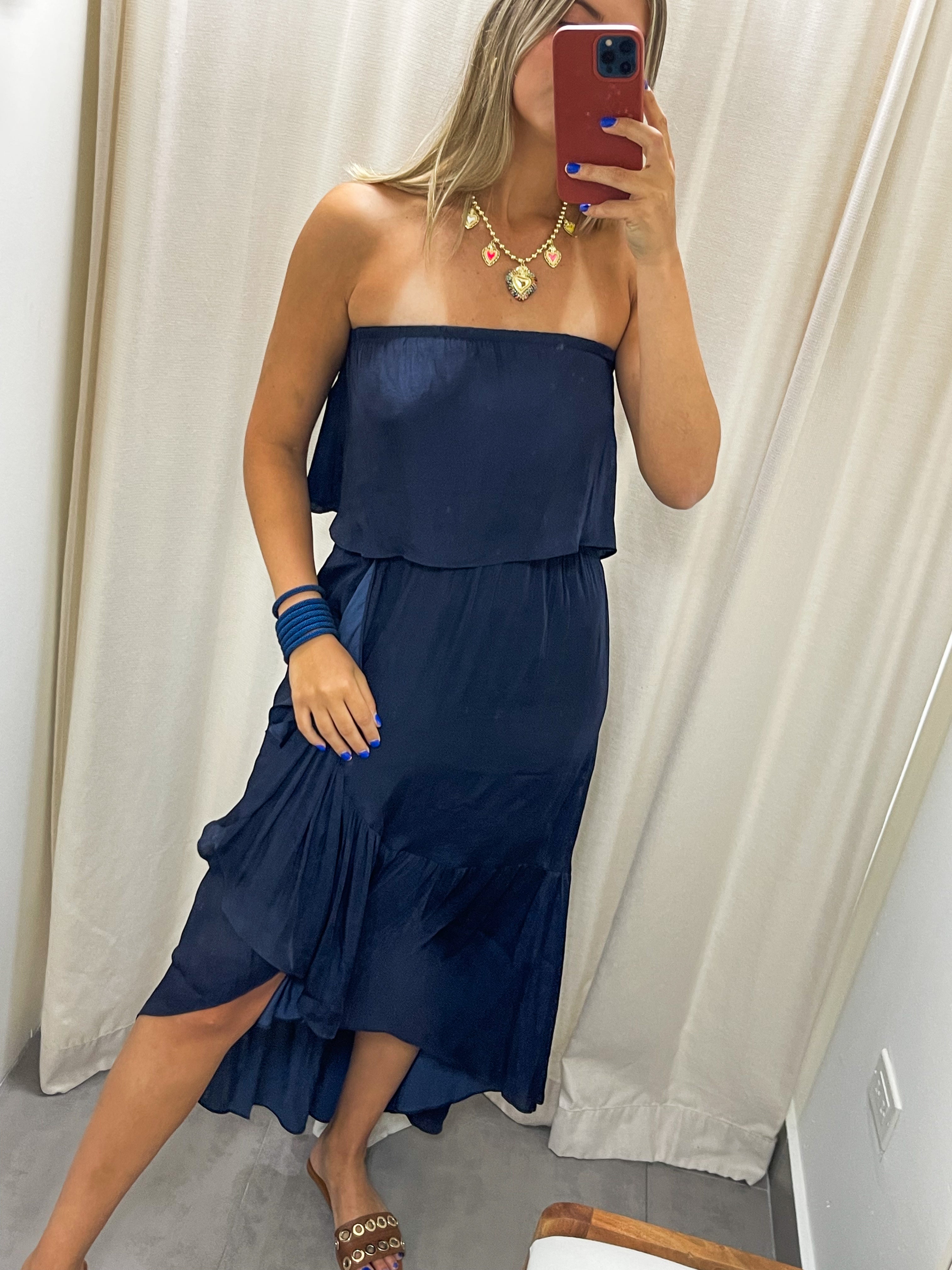 NAVY SATIN HIGH LOW DRESS