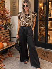 LEOPARD TOP & BLACK SATIN PANT SET