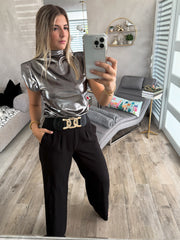 GRAY METALLIC SHOULDER PADDED TOP