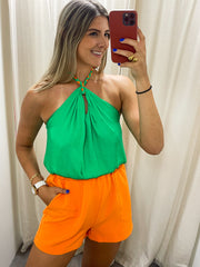 GREEN SATIN BRAIDED TOP