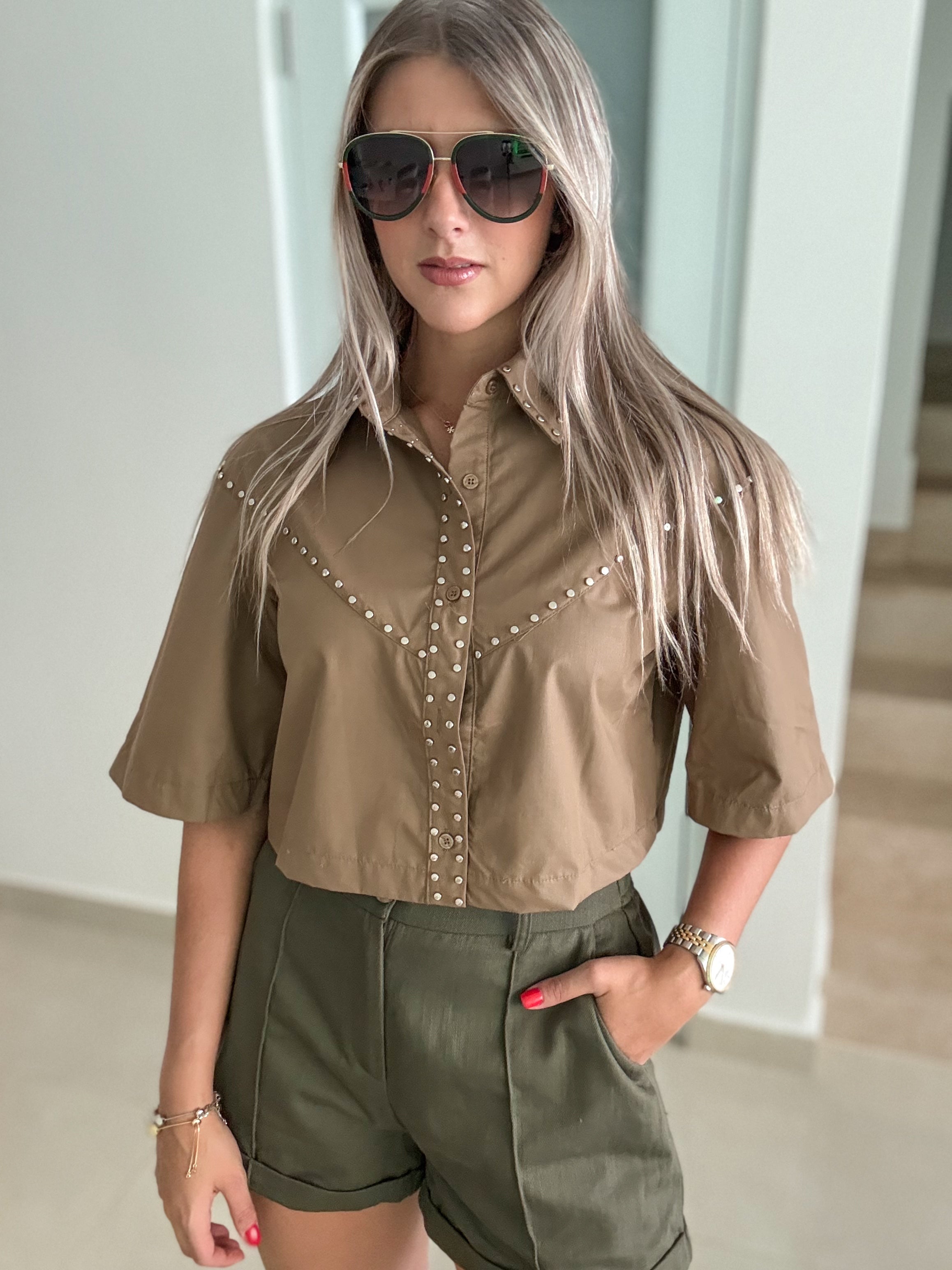 SILVER STUDDED 3/4 BUTTONED CROP BLOUSE