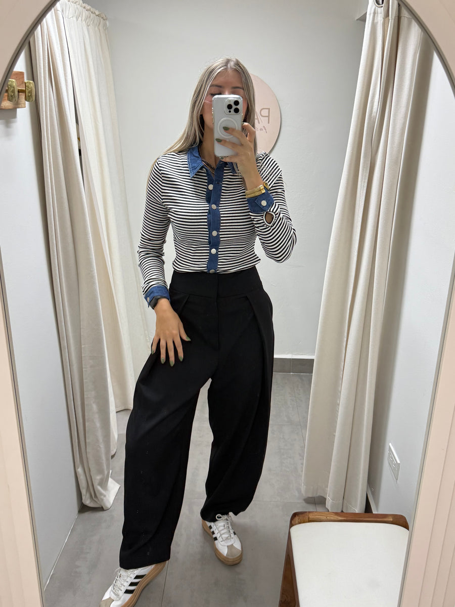 BLACK STRIPED DENIM LONG SLEEVE TRIM TOP