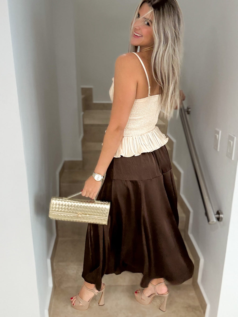 CHAMPAGNE SATIN RUFFLED BLOUSE