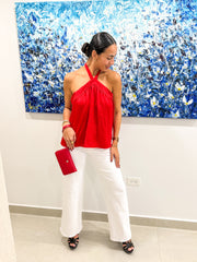 RED SATIN HALTER BLOUSE