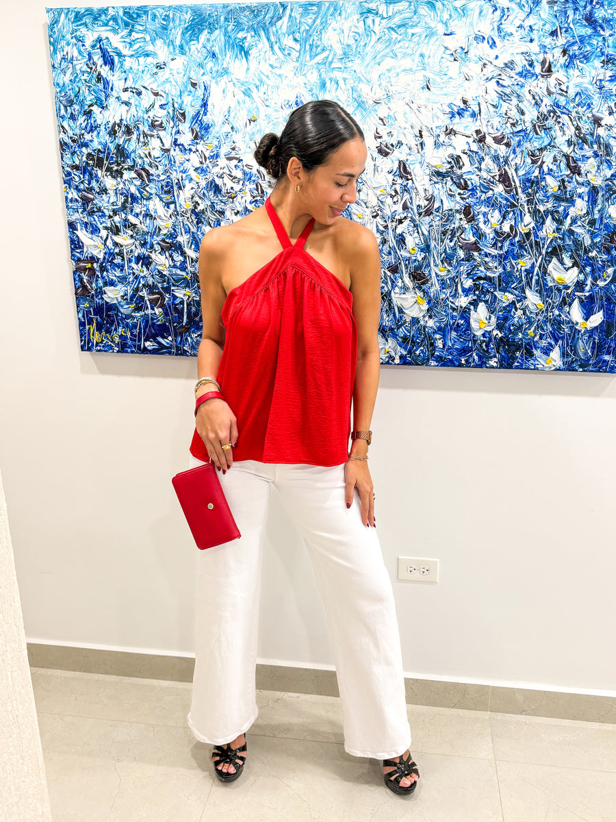 RED SATIN HALTER BLOUSE