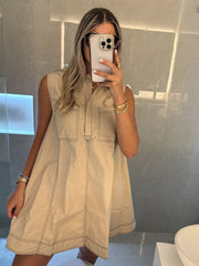TAUPE STITCHING SLEVEELESS DRESS
