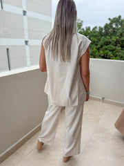 BEIGE FLOWER BUTTON TOP & PANT SET