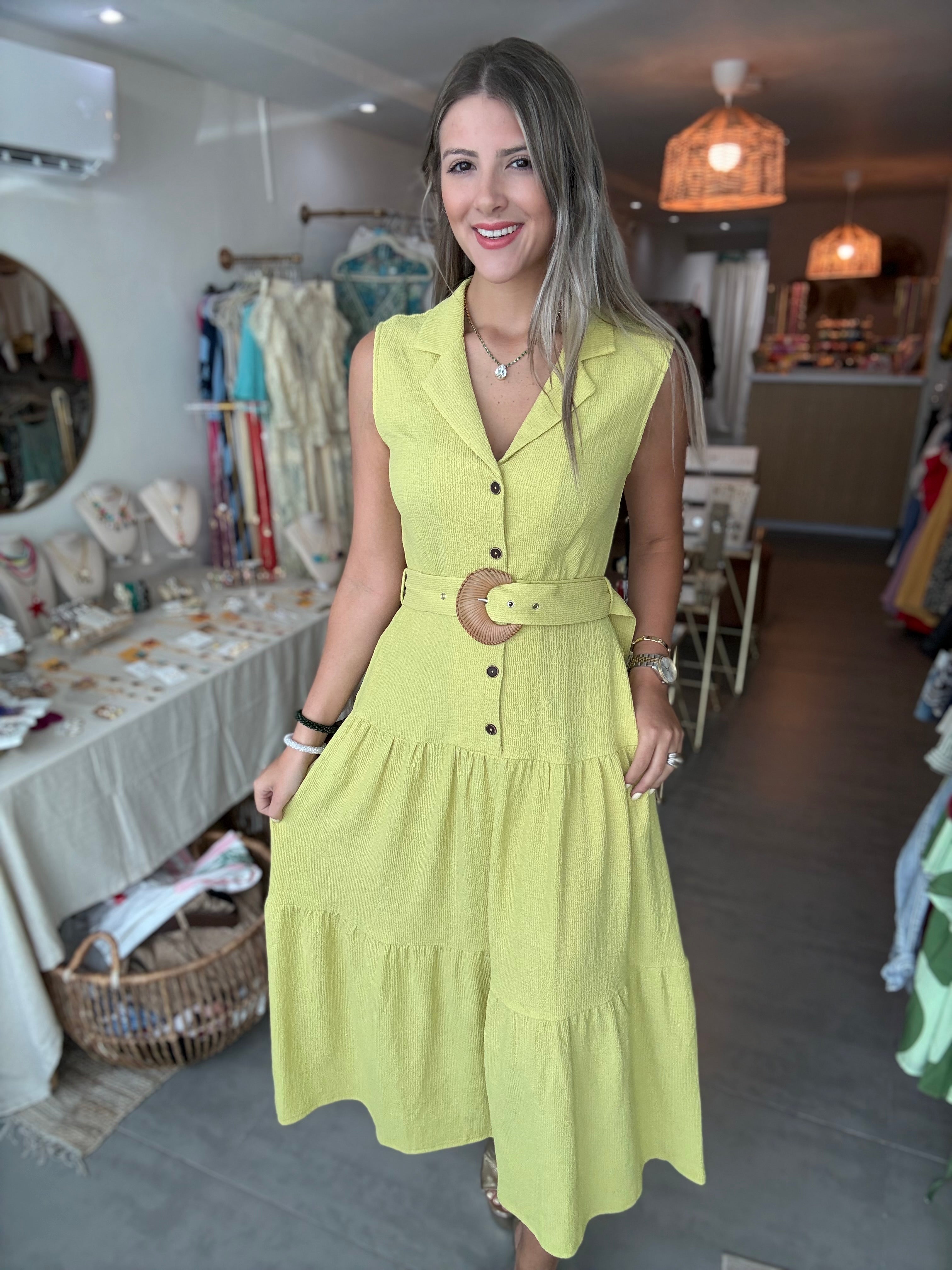 GREEN BELTED HALTER DRESS