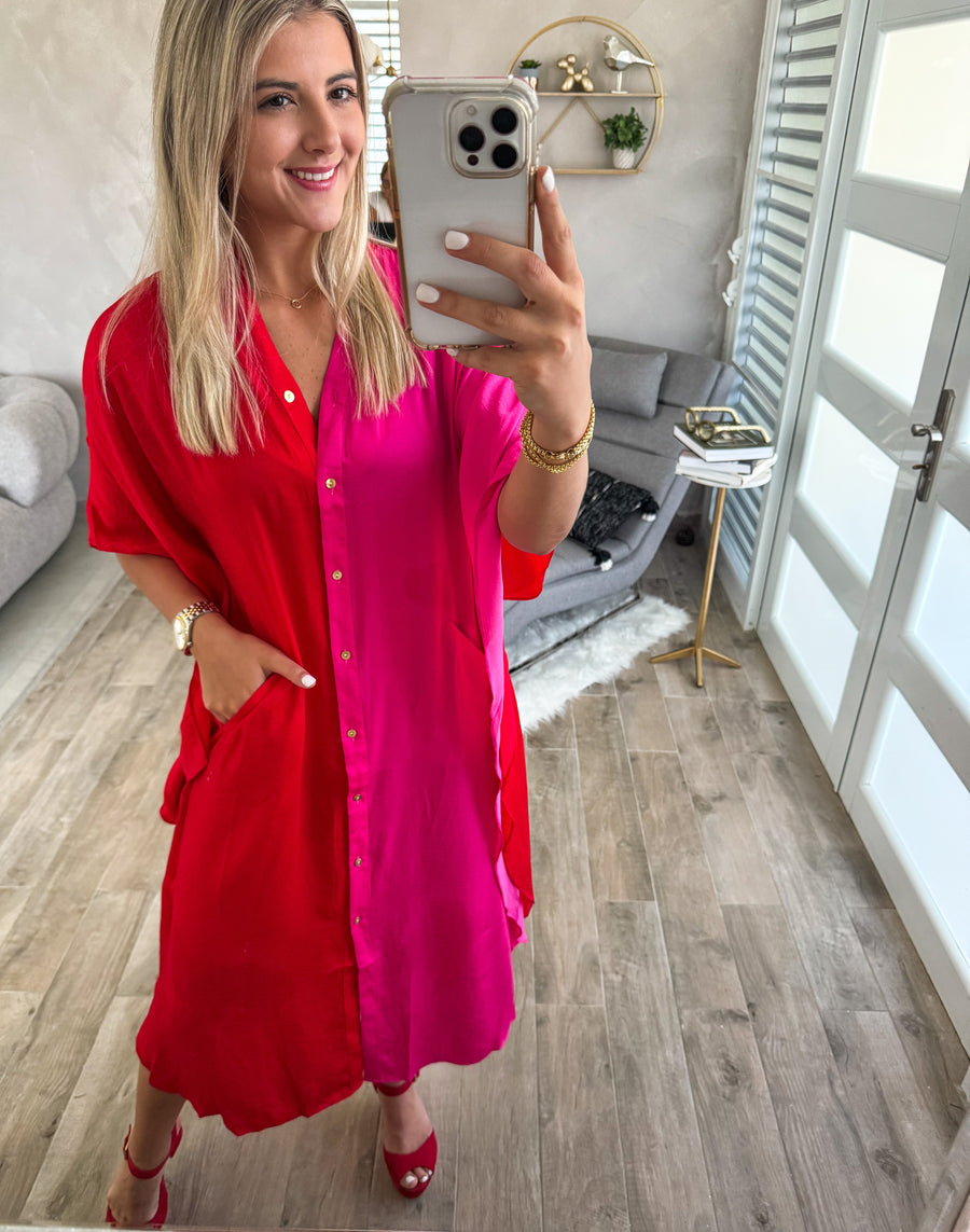 RED/HOT PINK SATIN DRESS