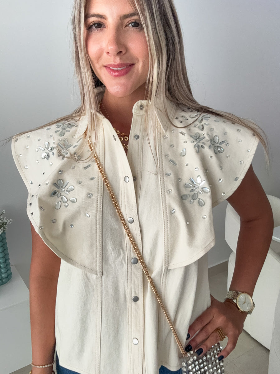 BEIGE DENIM SILVER GEMS BLOUSE