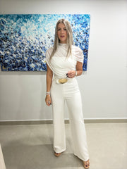 WHITE MESH DETAILED CAPE JUMPSUIT