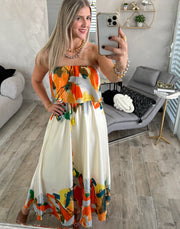 STRAPLESS CREAM/TANGERINE PRINTED MAXI DRESS