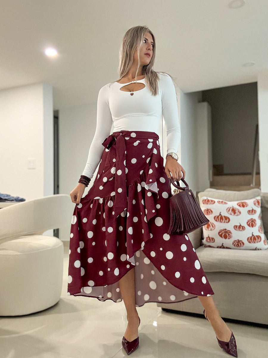 BURGUNDY POLKA DOT WRAP AROUND SKIRT