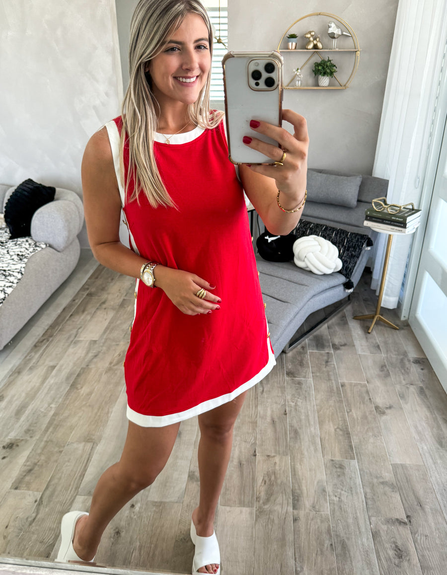 RED SIDE TRACK LINE STUDDED SHORT DRESS