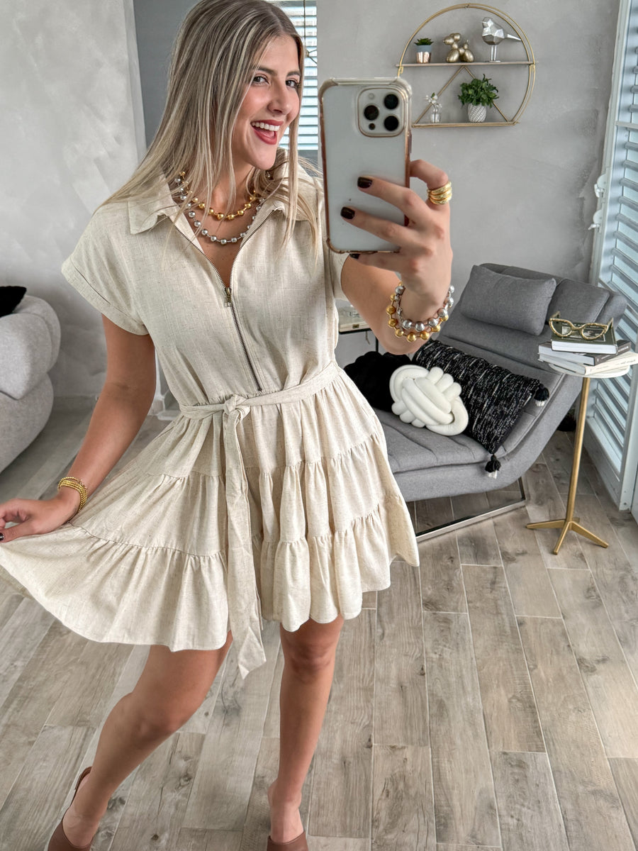 OATMEAL ZIPPER BELTED SHORT DRESS