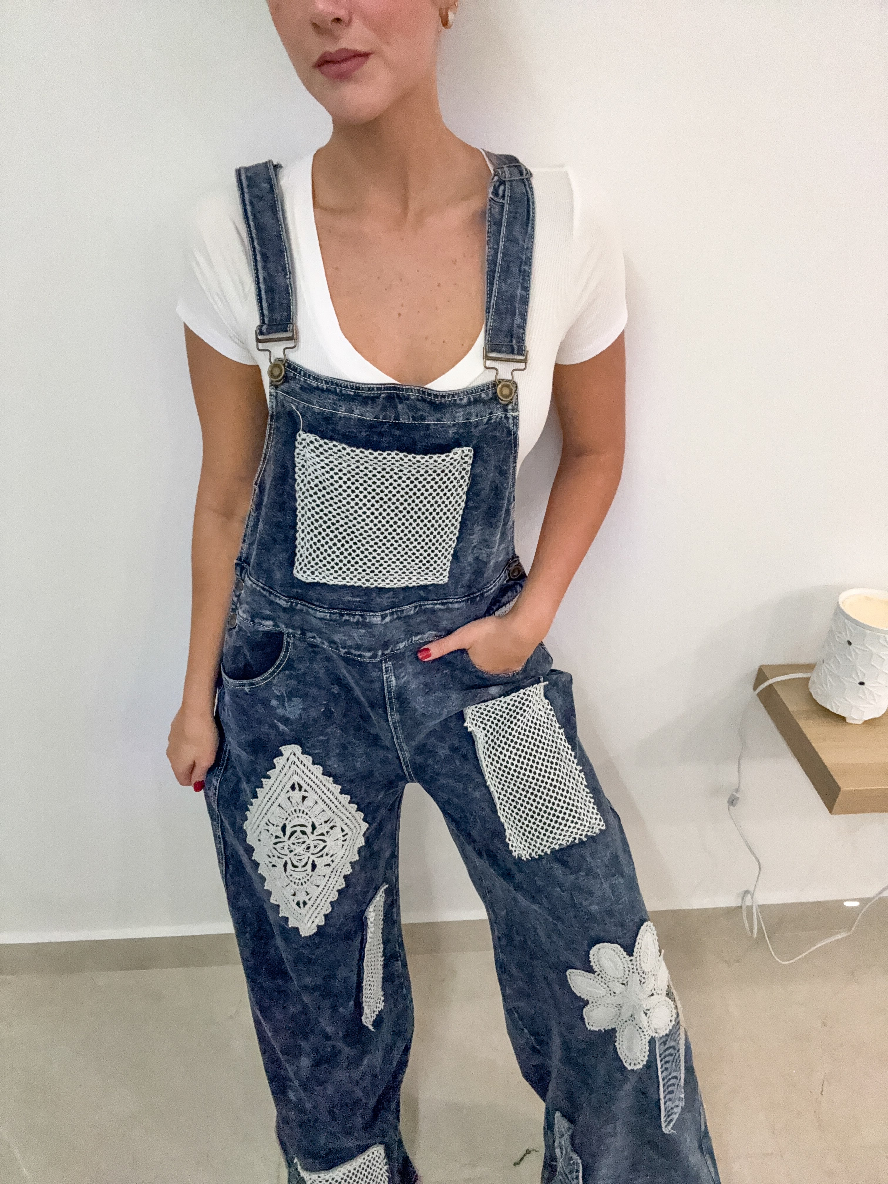 STRETCHY DENIM PATCHORK OVERALL JUMPSUIT