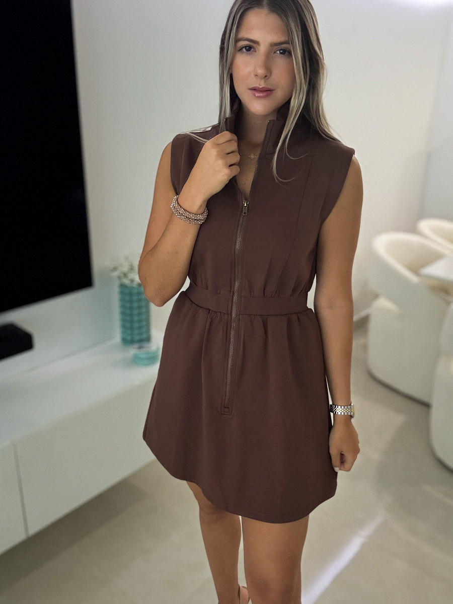 BROWN SHORT ZIPPER DRESS
