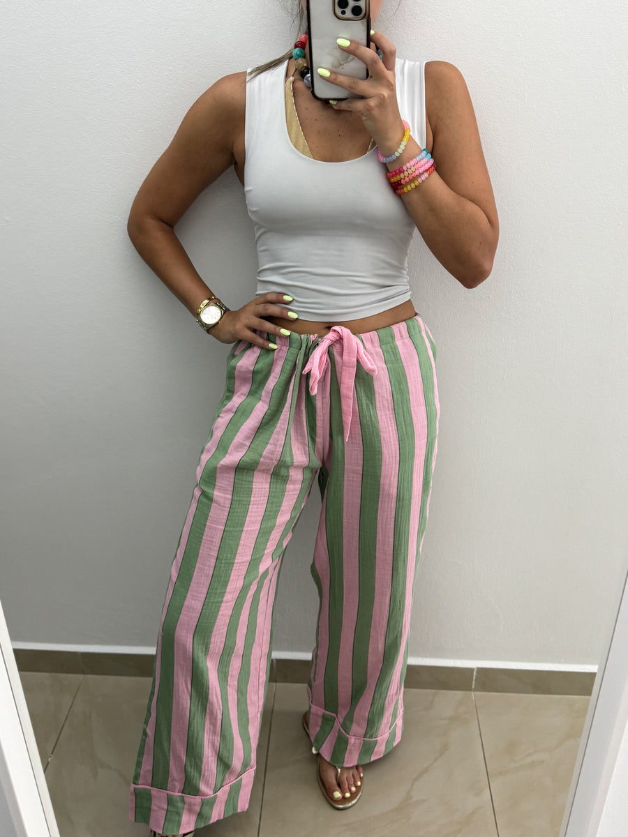 PINK/GREEN STRIPED GAUZE PANTS