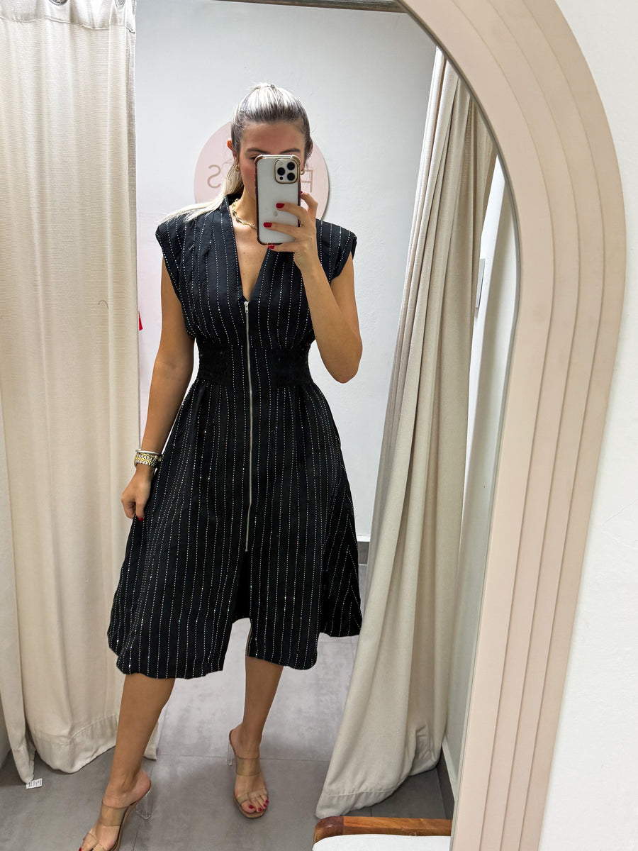 BLACK RHINESTONES ZIPPER MIDI DRESS