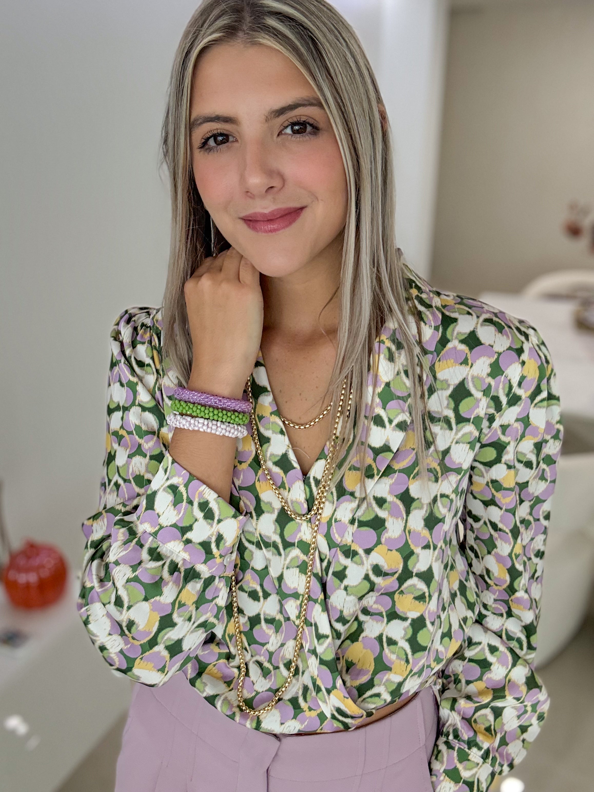 LILAC/GREEN PRINTED LONG SLEEVES BLOUSE