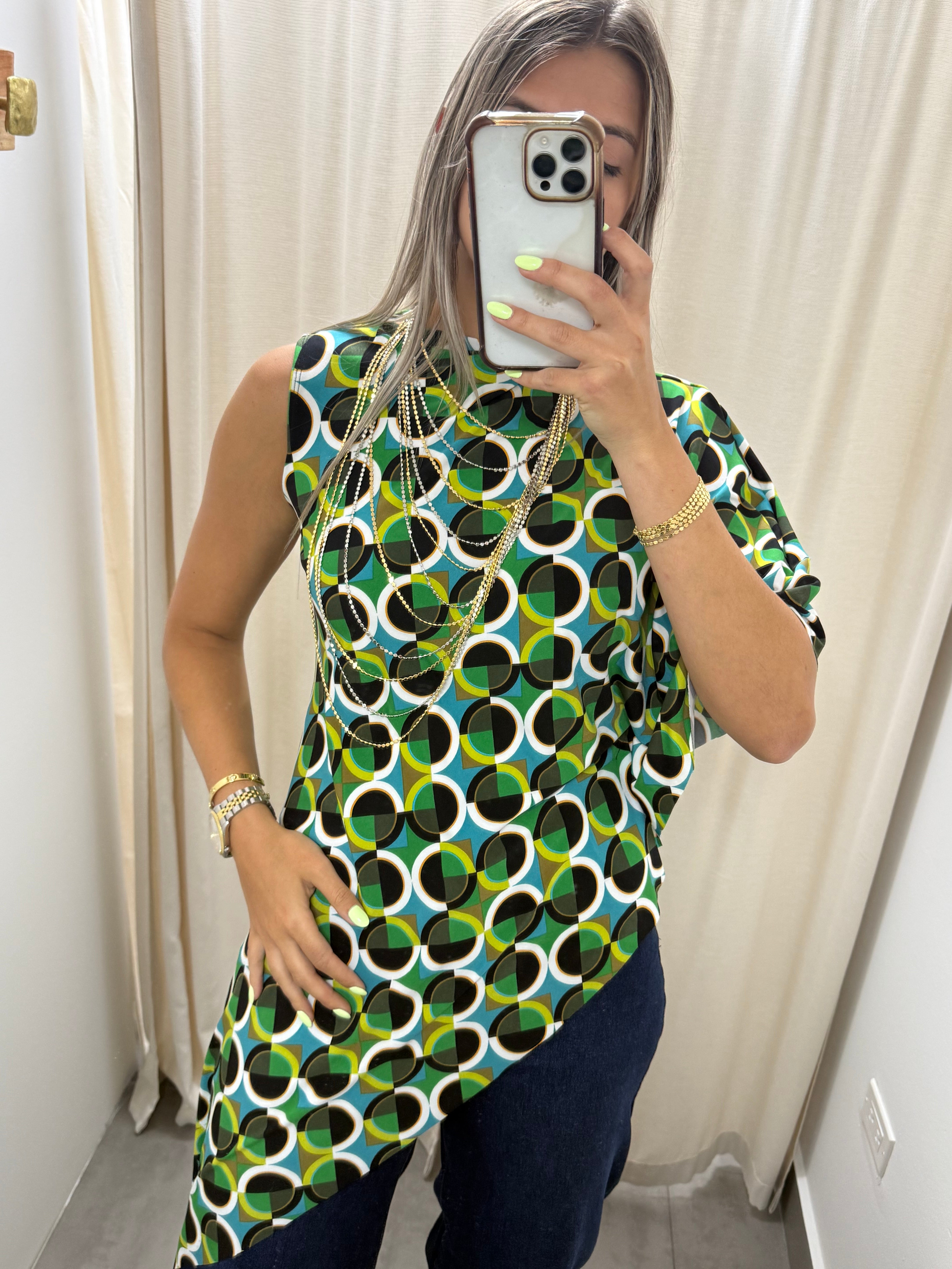 PIA GREEN PRINT ASYMMETRIC BLOUSE