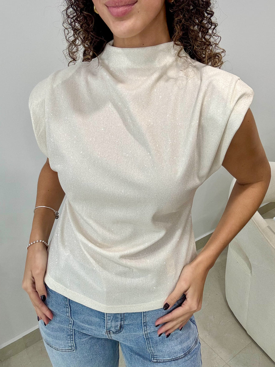 IVORY GLITTER MOCK NECK BLOUSE