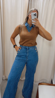 DENIM REMOVABLE TIE KNITTED TOP