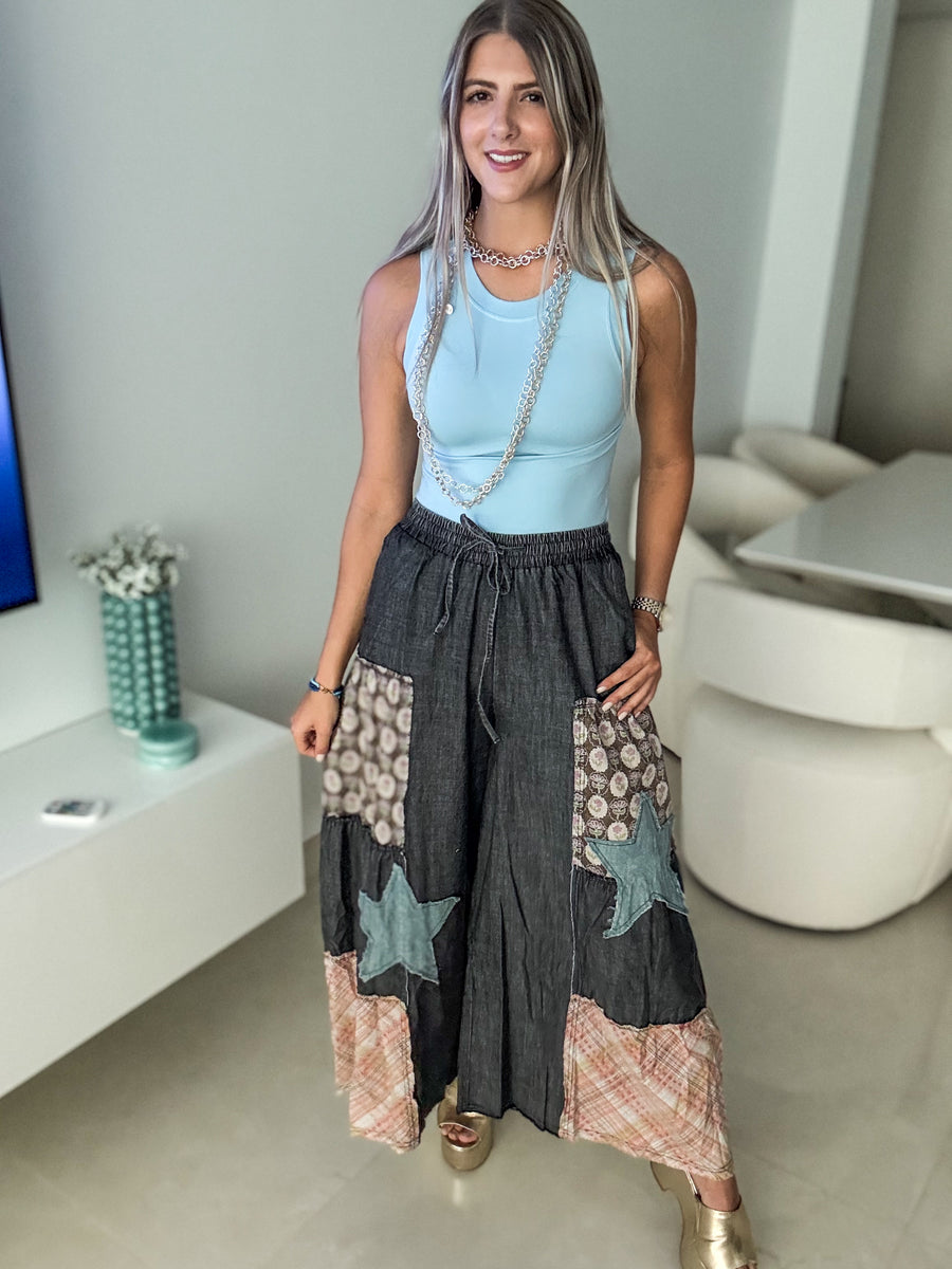 BLACK STAR DENIM PATCHWORK PALAZZOS