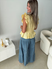 FLOWER DESIGN DENIM FLOWY PALAZZO PANTS