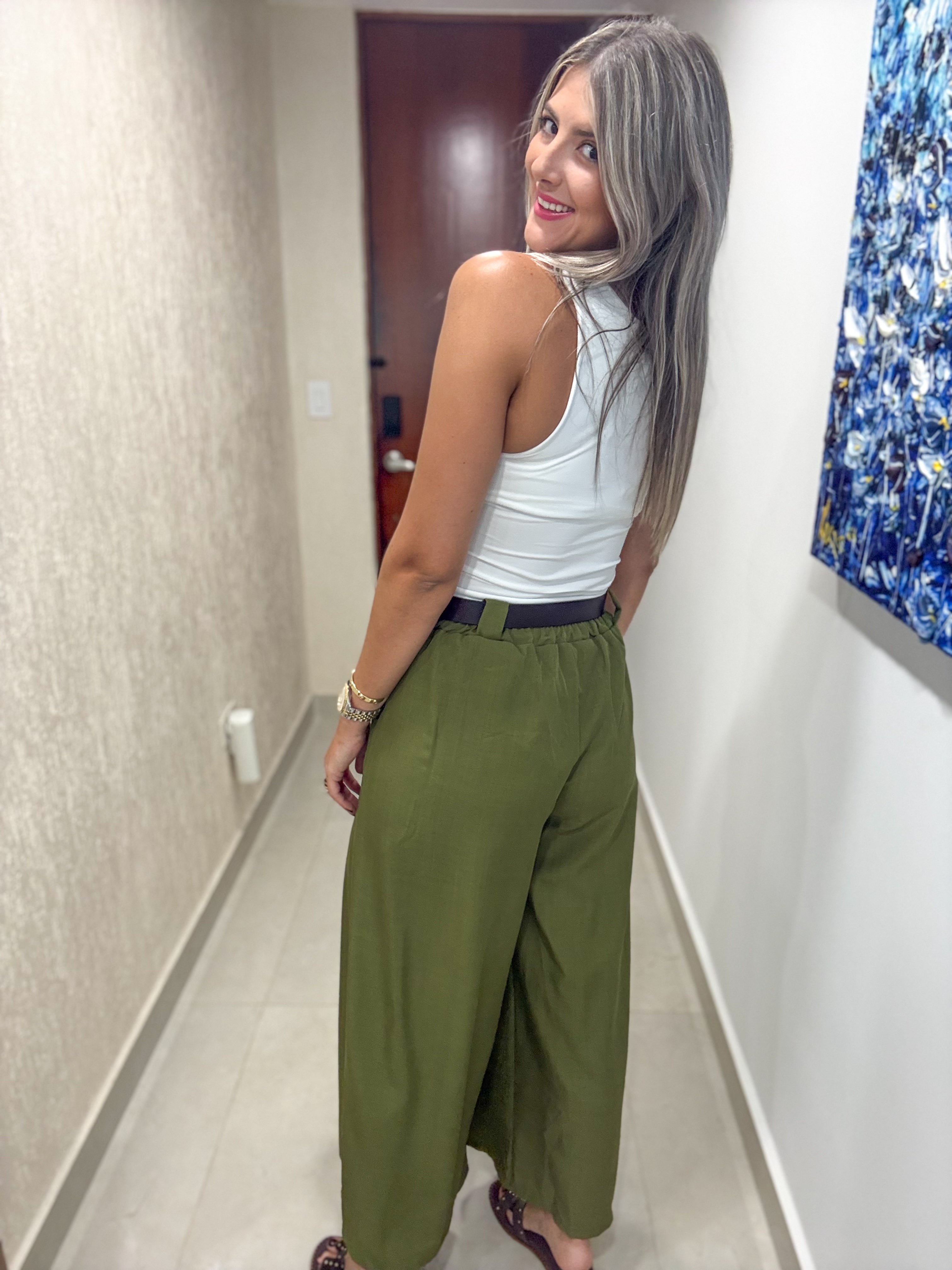 OLIVE BELTED PANTS