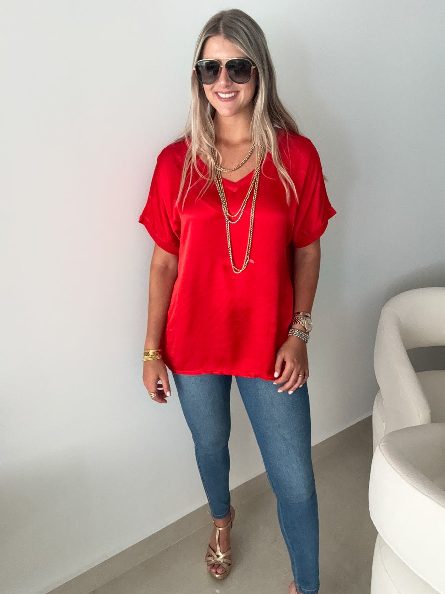 RED SILKY BLOUSE