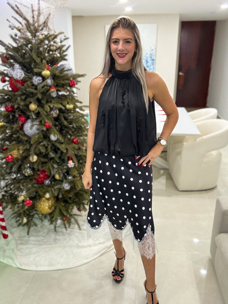 BLACK BEADED EMBELLISHMENTS HALTER BLOUSE