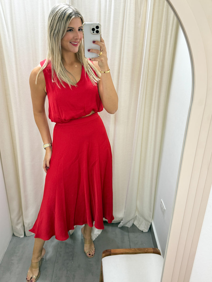 RED SILKY HIGH LOW SKIRT
