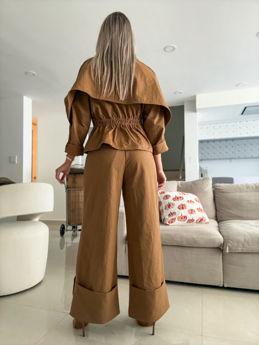 CAMEL CAPE LONG TRENCH JACKET & TAILORED PANT SET
