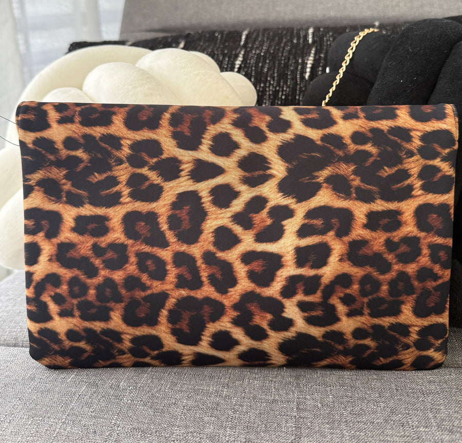 NYLON LEOPARD GOLD STUDDED CLUTCH/CROSSBODY BAG