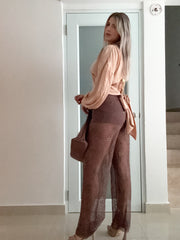 BROWN SUN BEADED SHEER HUGH WAIST PANTS