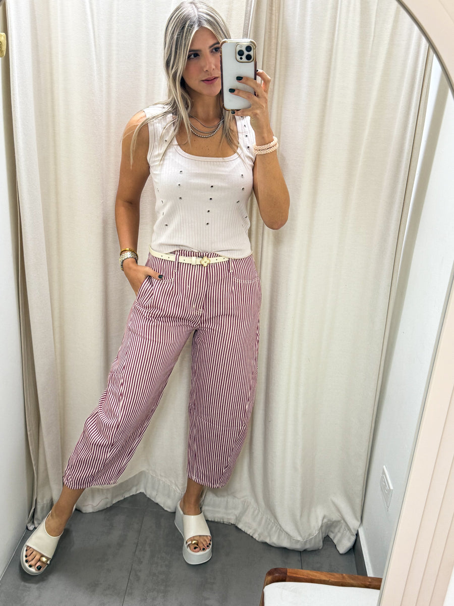 WINE STRIPED BARREL PANTS