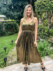 BRONZE METALLIC PLEATED JUMPSUIT