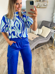 MULTI BLUE PRINT TUNIC BLOUSE