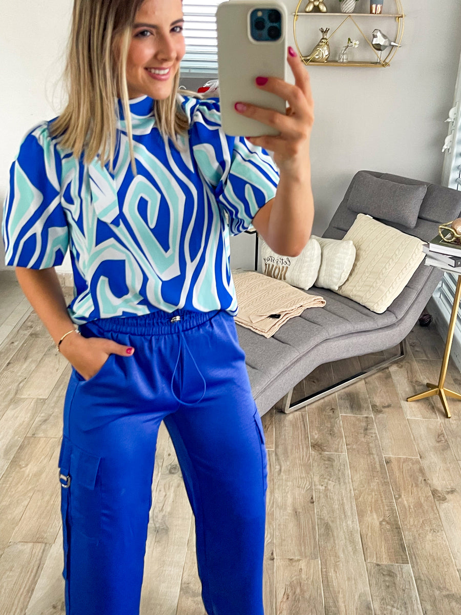 MULTI BLUE PRINT TUNIC BLOUSE