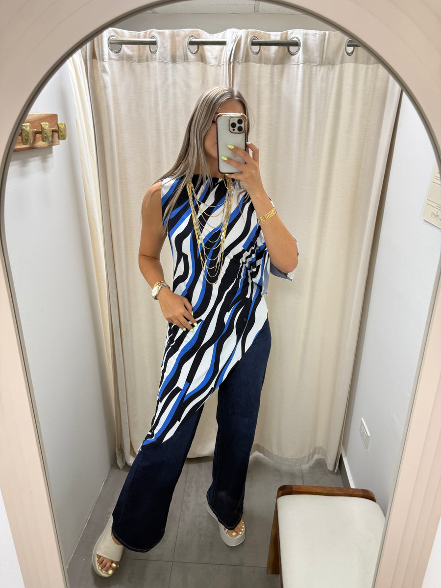 PIA BLUE MIX ASYMMETRIC BLOUSE